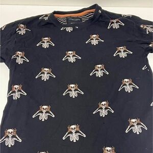 Denim & Flower Black Tee with Skeleton Print